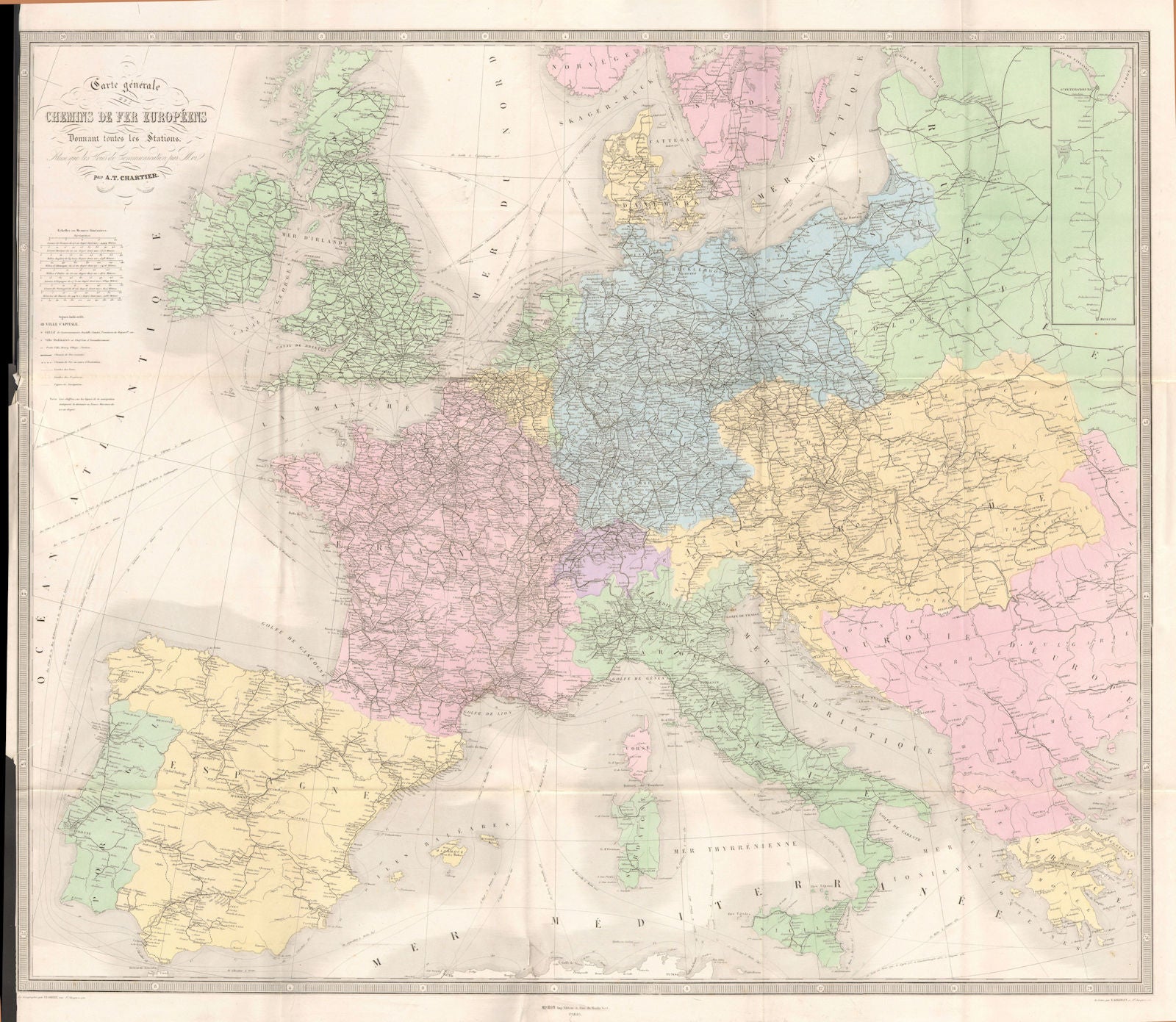 Large EUROPEAN RAILWAYS map. In use & UC. Steamship routes. VUILLEMIN 1879